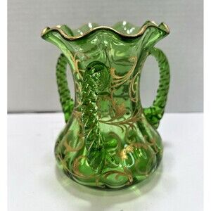 Antique Bohemian Art Glass Tyg 3-Handled Loving Cup Vase Green Gold Gilt 5”